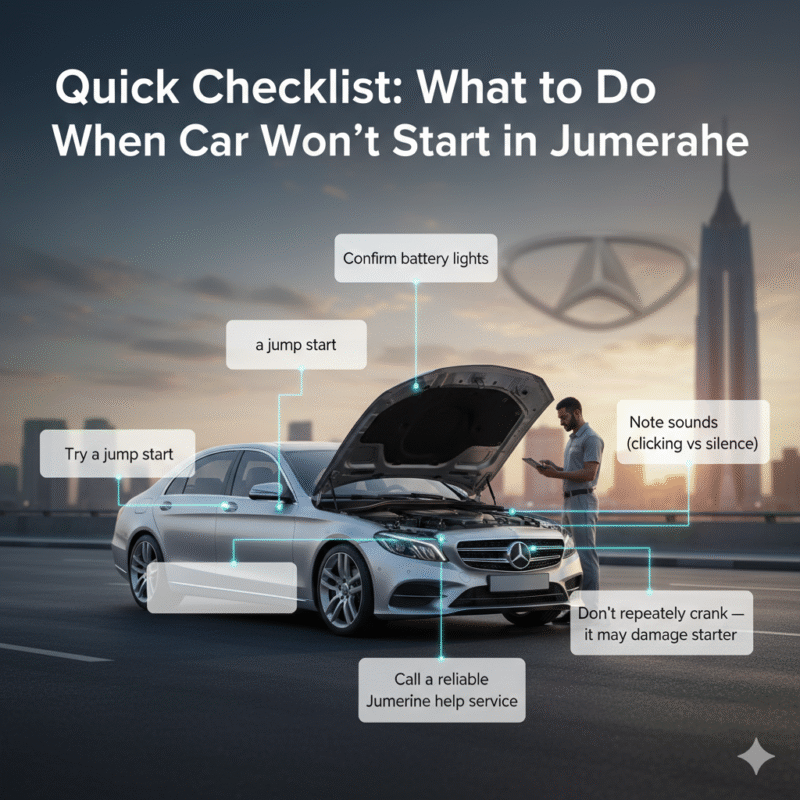 Quick checklist guide for car won’t start in Jumeirah with roadside technician assisting luxury vehicle