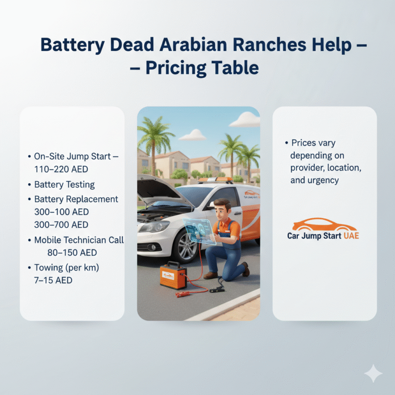 "Animated 3D illustration showing a technician performing jump-start and battery replacement services in Arabian Ranches, with side spaces for pricing points and Car Jump Start UAE branding."