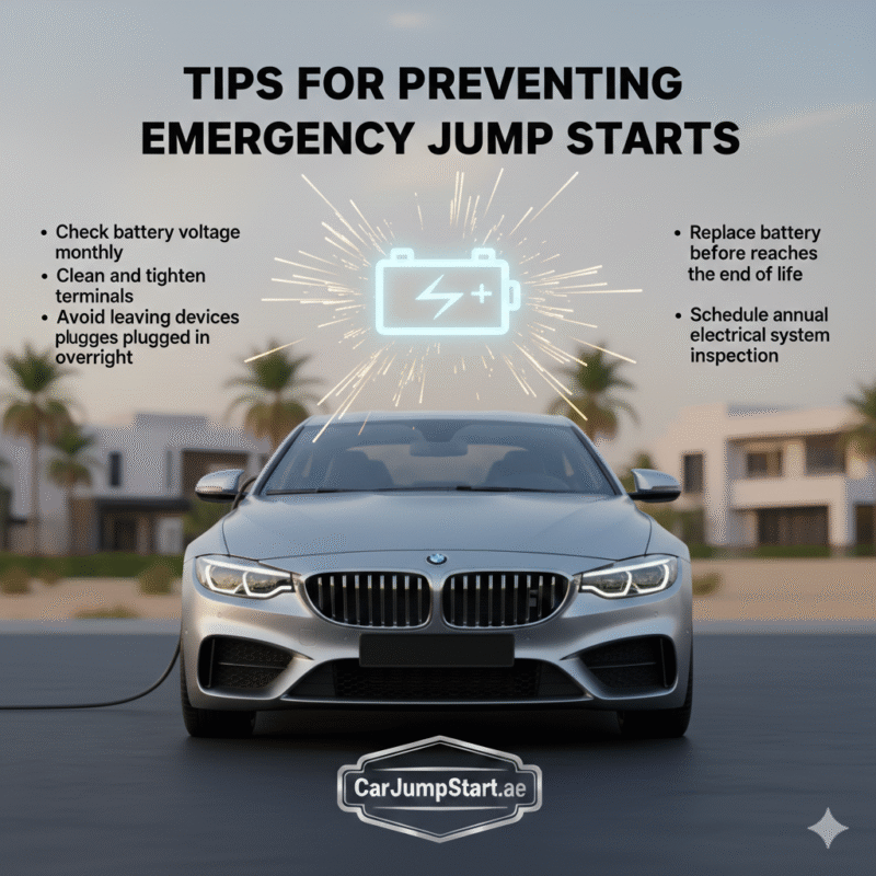"Tips for Preventing Emergency Jump Starts in Arabian Ranches showing a car with battery maintenance tips listed on sides and a professional brand logo."