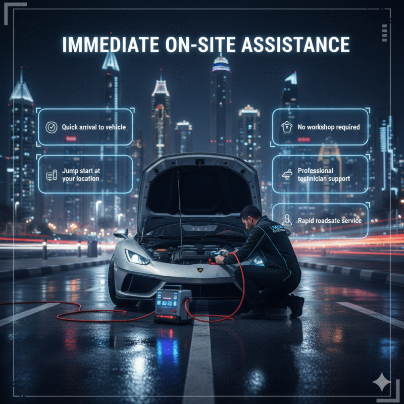 Luxury car receiving immediate on-site jump start from a professional technician with infographic-style key points on sides