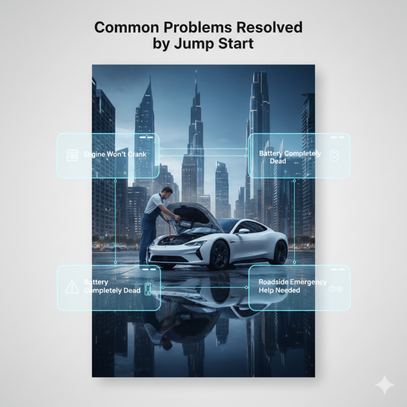 Infographic image showing common car problems solved by jump start with roadside technician assisting a stalled vehicle.