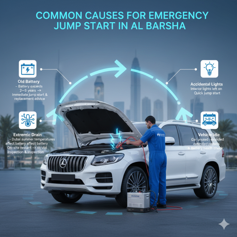 “Infographic image showing a luxury SUV being jump-started with side panels explaining common battery failure causes in Al Barsha.”