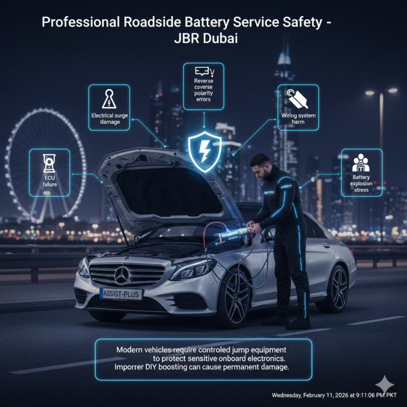 Infographic showing professional roadside battery service safety measures in JBR Dubai with central technician scene and animated side points
