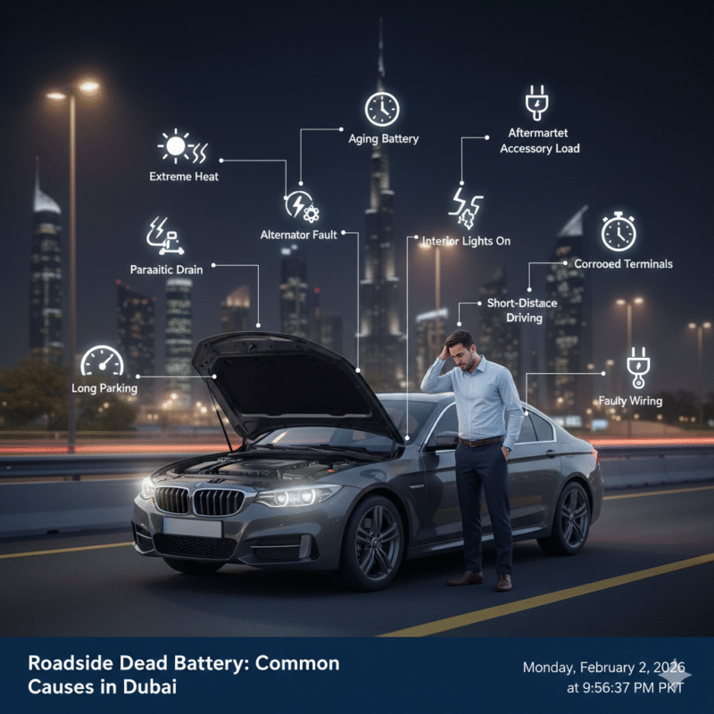 Modern sedan stopped on Dubai roadside with open hood, showing infographic icons of causes for dead battery.