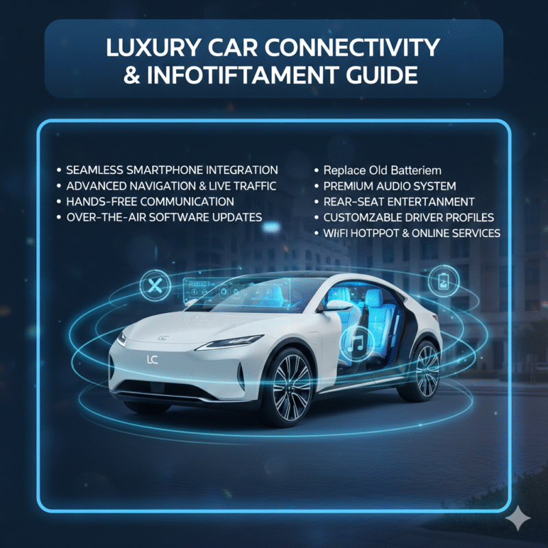"Premium user guide feature image with top title, side summary points, and central luxury brand image with animated visual effects."