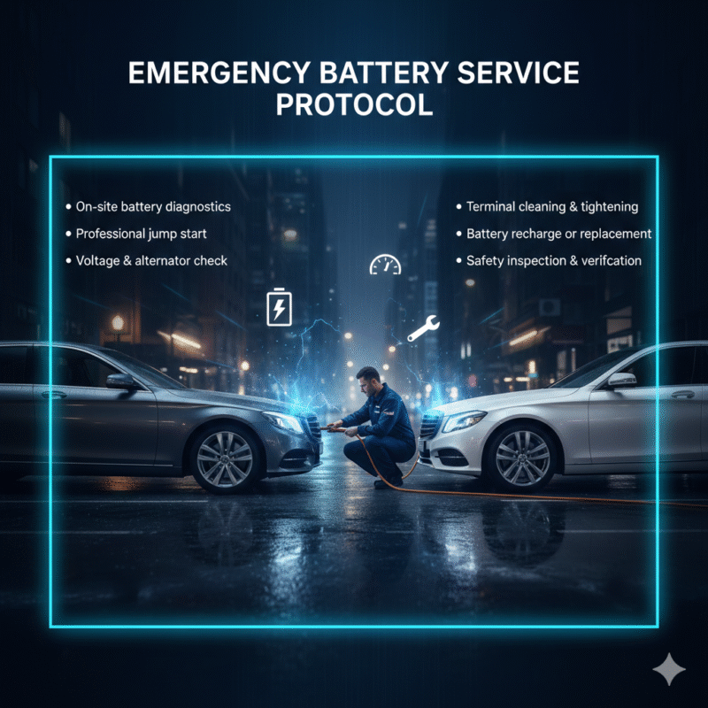 "Premium user guide image with top title, side bullet points summarizing key content, and central luxury vehicle or roadside assistance scene with animated highlights."