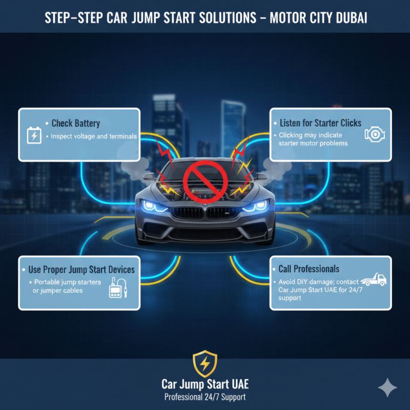 "User guide illustration for step-by-step car jump start solutions in Motor City Dubai showing bullet points on sides and a central animated car illustration."