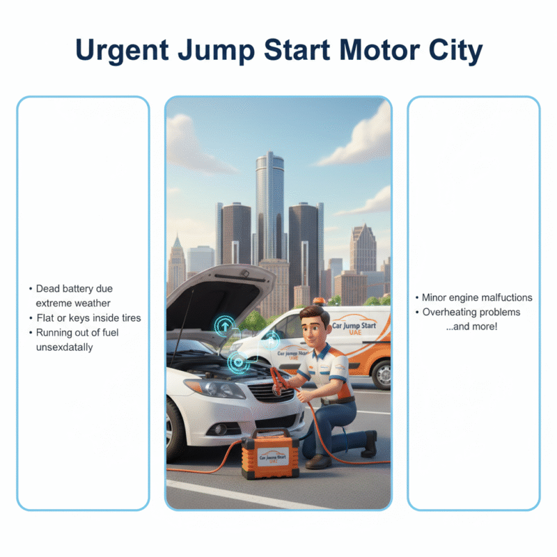 "Animated 3D illustration showing a roadside technician jump-starting a car in Motor City, with side spaces for key points and subtle Car Jump Start UAE branding."