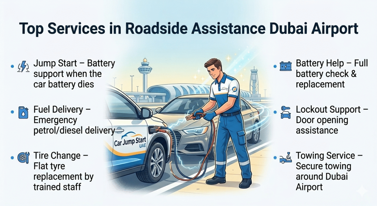 "Top Services in Roadside Assistance Dubai Airport image showing a Car Jump Start UAE technician assisting a car, with key services displayed on the sides in bullet points."