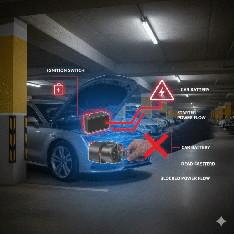 Illustration of a car not responding to ignition in an underground Dubai garage with highlighted battery and ignition components.