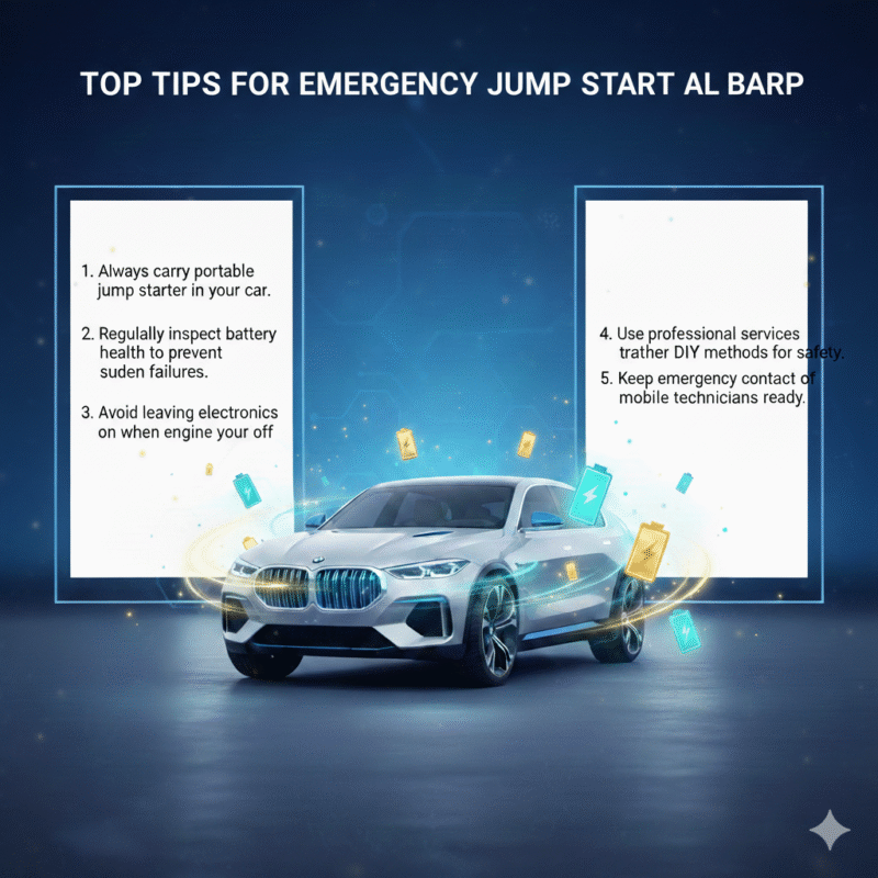 Feature image showing 'Top Tips for Emergency Jump Start Al Barsha' title at the top, luxury car in the center with glowing battery symbols, and top tips displayed on the left and right sides.
