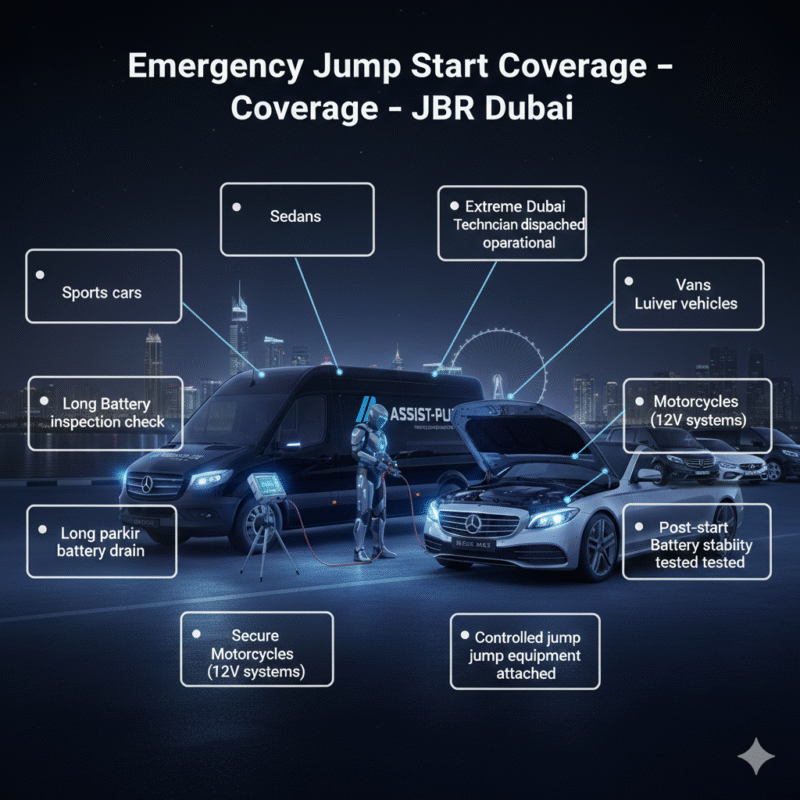 Emergency jump start coverage guide showing multiple vehicle types supported in JBR Dubai roadside assistance