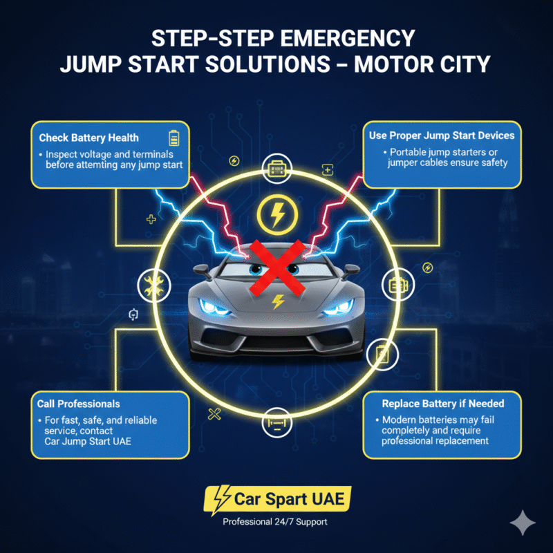 "Step-by-step emergency jump start solutions in Motor City showing key points on sides and a central animated car illustration with sparks and electrical icons."