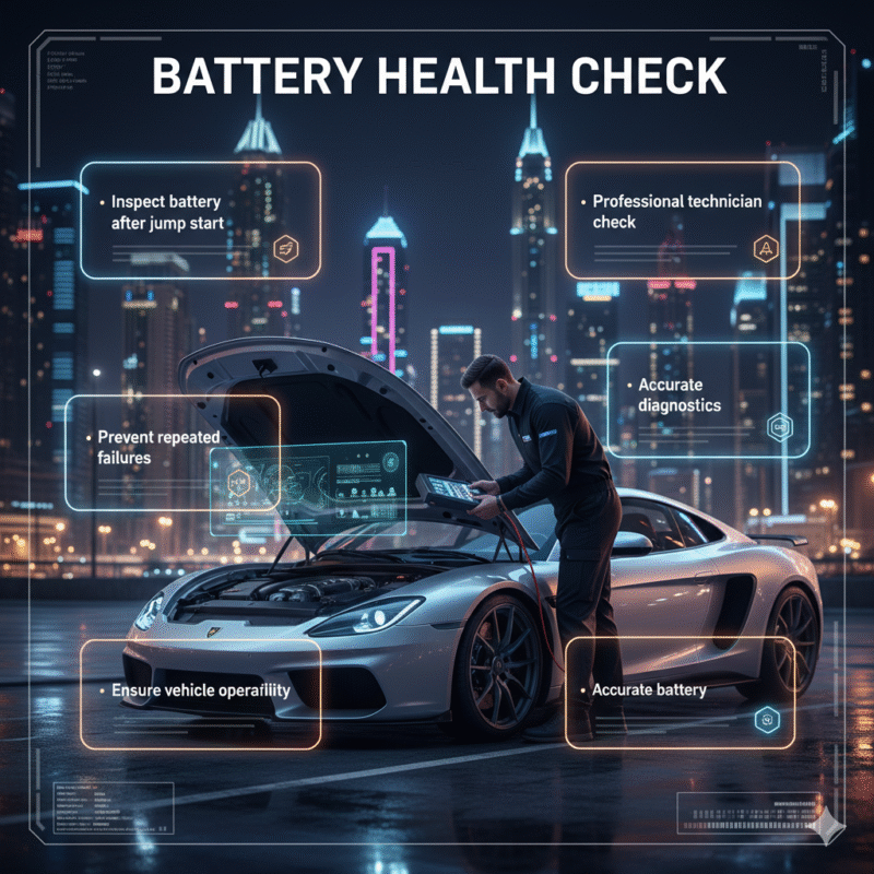 Luxury car battery being inspected by a technician after jump start with infographic-style key points on sides