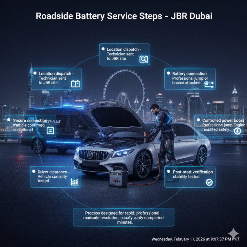 Step-by-step infographic showing professional roadside battery service process in JBR Dubai with central technician scene and animated side panels
