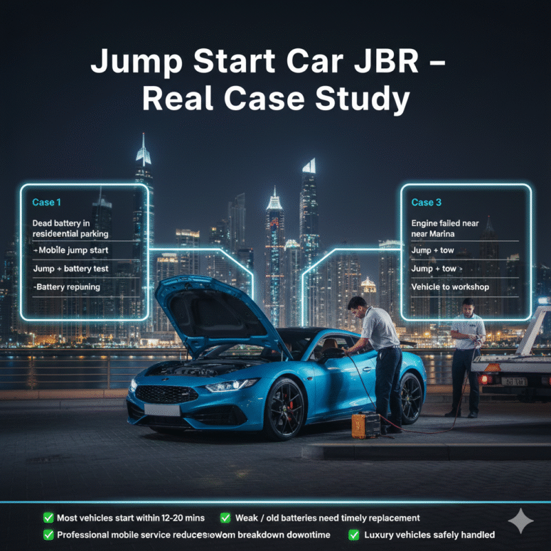 Case study infographic showing jump start services for cars in Jumeirah Beach Residence with technician assistance