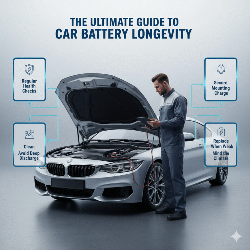 Visual user guide infographic showing main content title at the top, key points highlighted on sides, and central brand/action scene in premium cinematic style.