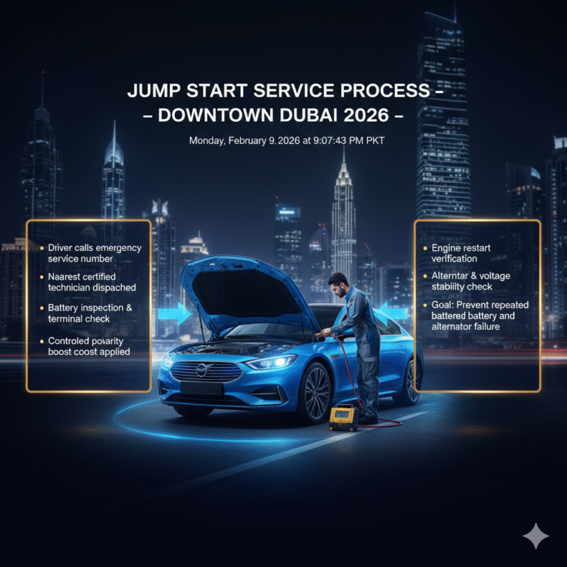 Roadside jump start service process in Downtown Dubai showing certified technician performing safe battery boost with infographic points