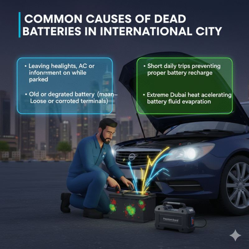 Animated-style illustration of a professional technician inspecting a car battery in International City Dubai. Title "Common Causes of Dead Batteries in International City" at the top. Key causes displayed on sides in bullet points.