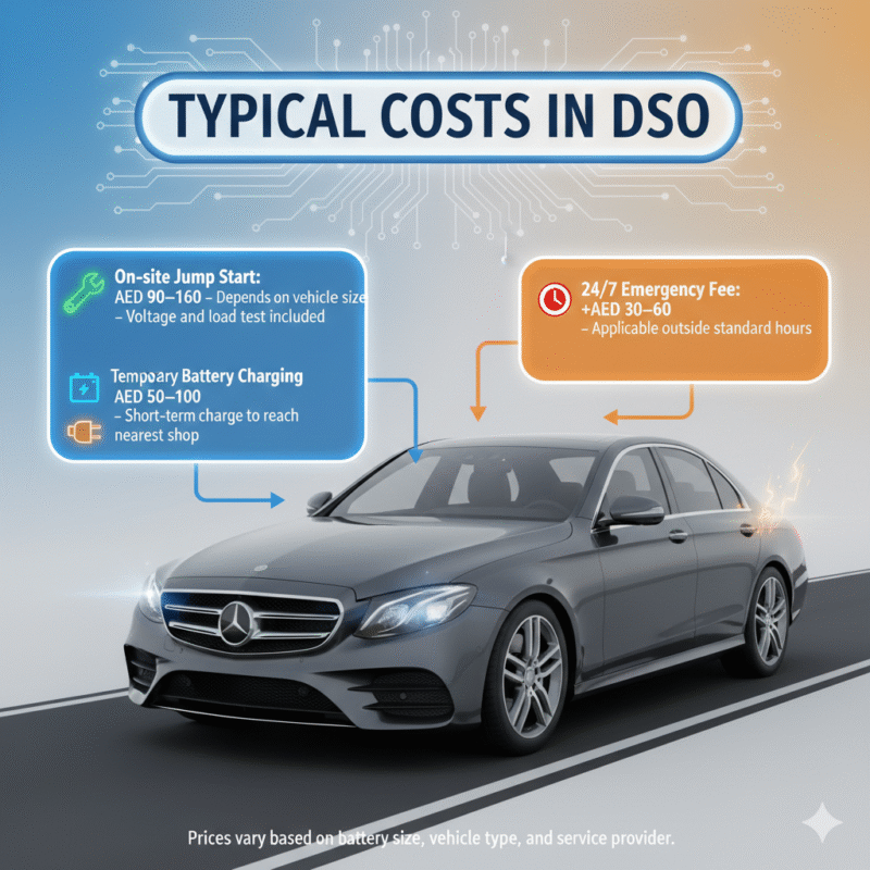 User guide illustration showing “Typical Costs in DSO” with the title at the top, main cost items on the sides, and a realistic branded car in the center. Animated infographic-style highlights connect the points to the car.