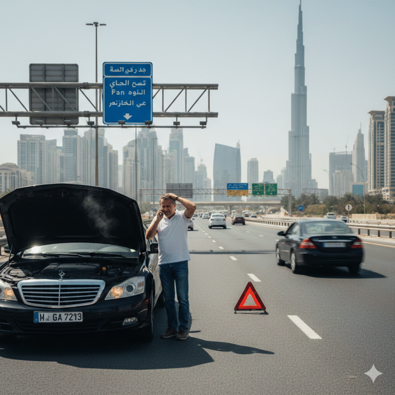 Person stranded with a dead car in Dubai roadside emergency calling for assistance