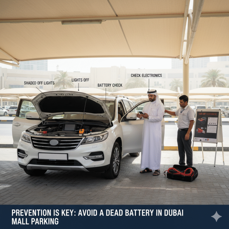 Driver preventing dead battery in Dubai mall parking, turning off lights, parking in shade, checking battery health, jumper cables stored in trunk, instructional guide scene.