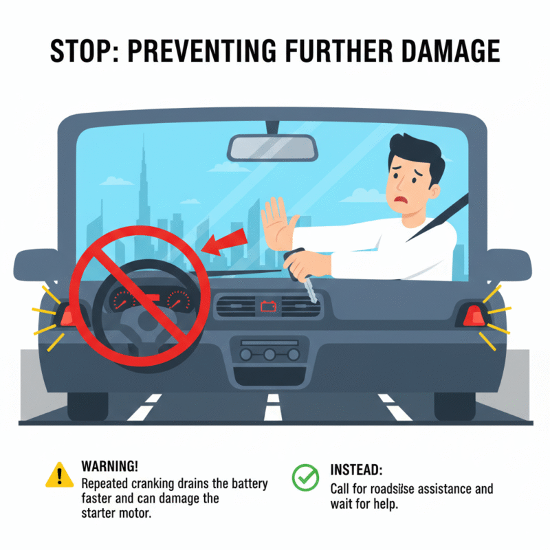 Illustration showing a driver stopping repeated engine cranking during a dead battery emergency in Dubai.