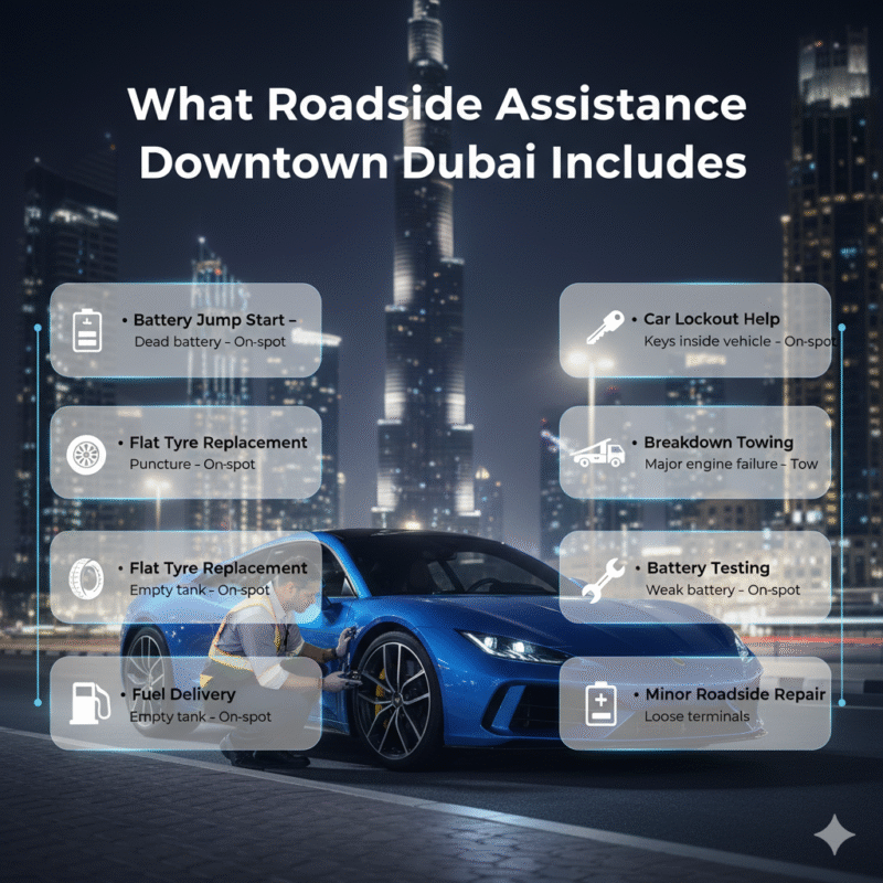 Infographic showing roadside assistance services in Downtown Dubai with technician helping luxury car