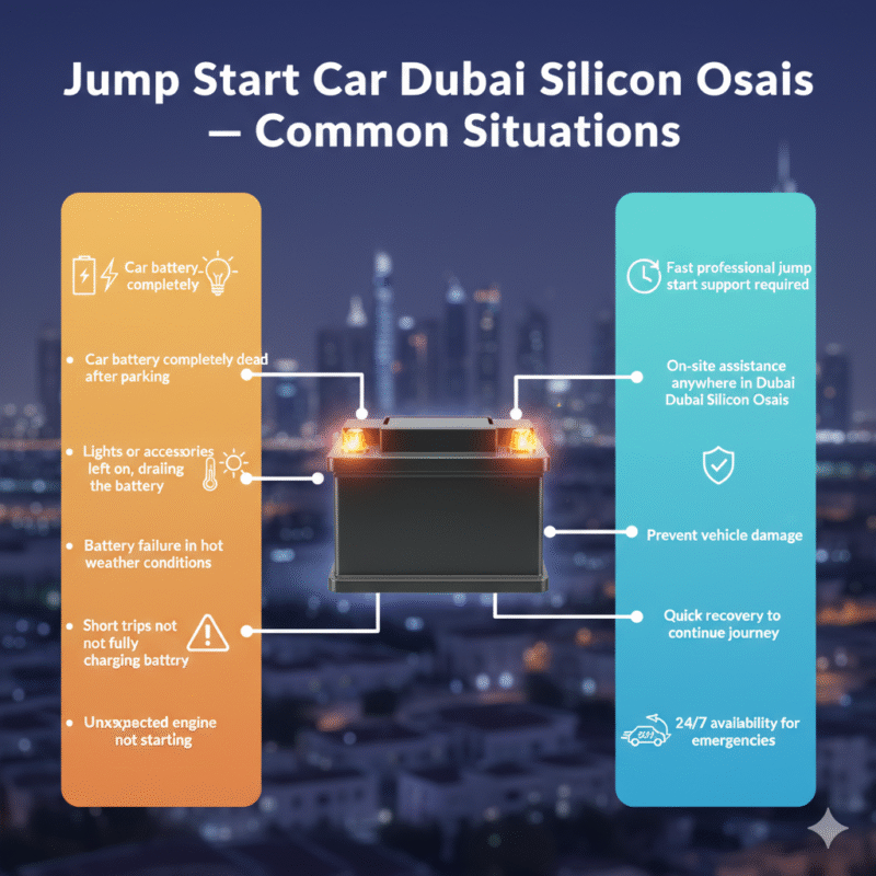“Animated-style feature image showing common situations for jump start car services in Dubai Silicon Oasis, title on top, central premium car or battery image, common situations displayed on sides with icons.”