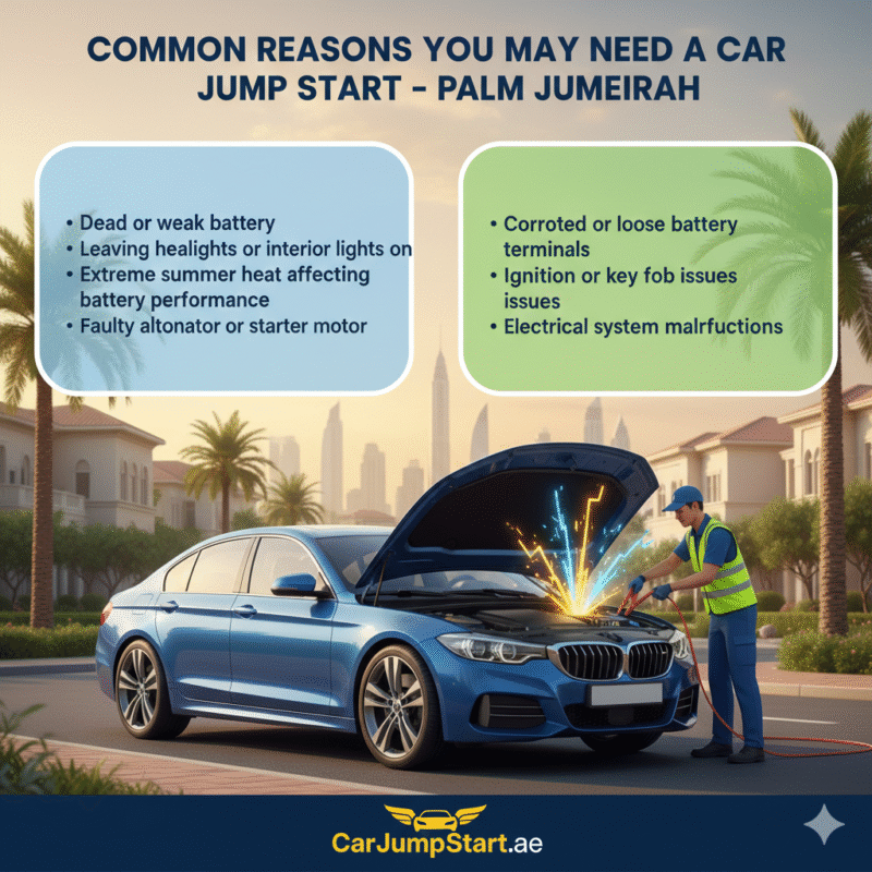 "Common reasons for car jump start in Palm Jumeirah showing a technician servicing a vehicle with battery, starter, alternator, ignition, and electrical issues highlighted on sides, plus brand logo."