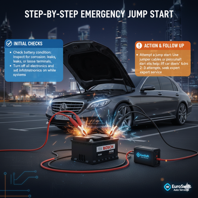 “User guide illustration showing the title at the top, key jump start steps on the sides, and a central animated car and battery scene with a brand logo.”