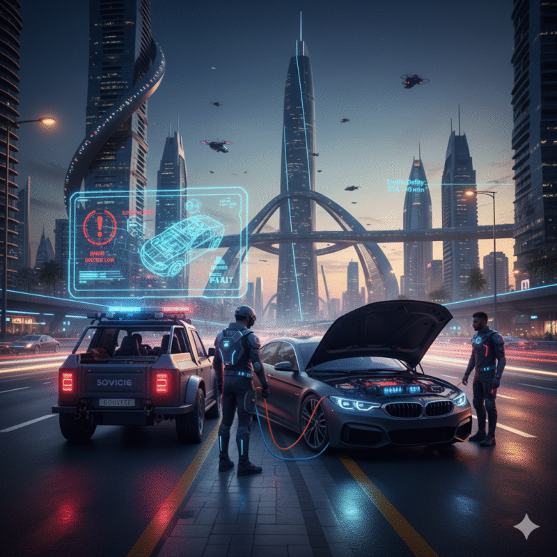Dubai car waiting for jumpstart service, traffic congestion, holographic ETA map, glowing jumper cables, battery and alternator diagnostics in futuristic style