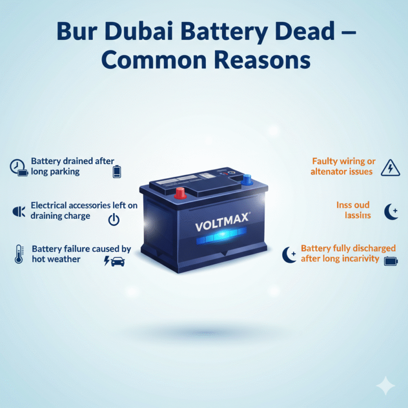 “Animated-style feature image showing common reasons for a dead car battery in Bur Dubai, title on top, premium battery in center, key reasons displayed on sides with icons.”