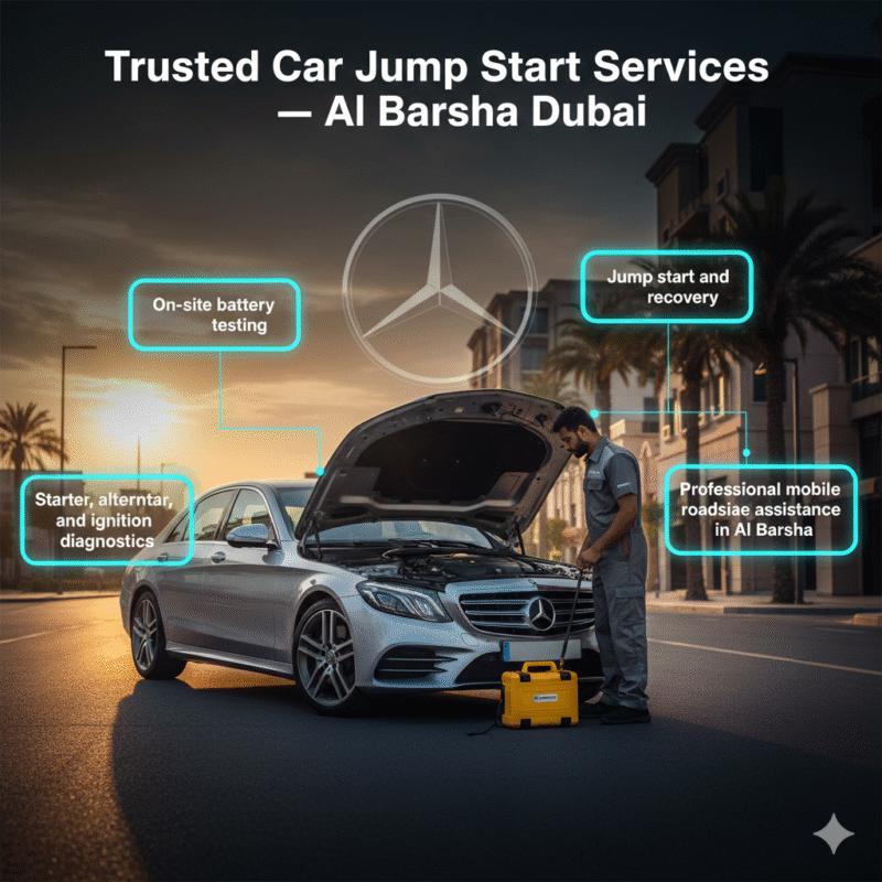 Luxury car stalled on Al Barsha street with mobile technician, infographic showing trusted car jump start services including battery testing, jump start, starter/alternator/ignition diagnostics, and professional roadside assistance