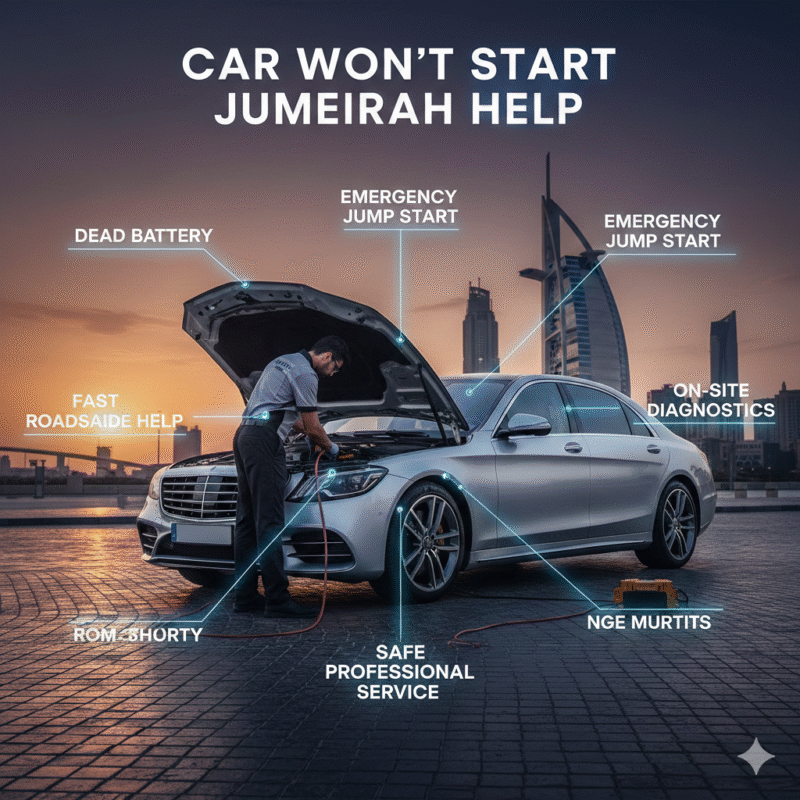 Car won’t start emergency jump start help in Jumeirah with technician assisting luxury vehicle roadside