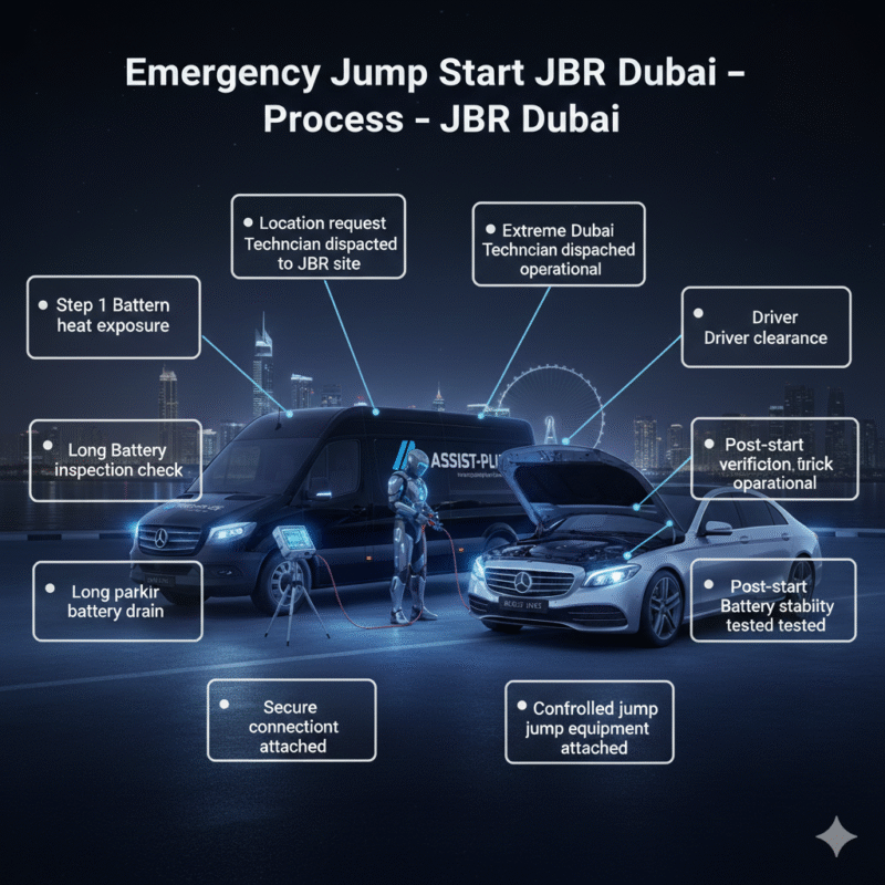 Step-by-step emergency jump start process infographic showing technician assisting a vehicle in JBR Dubai