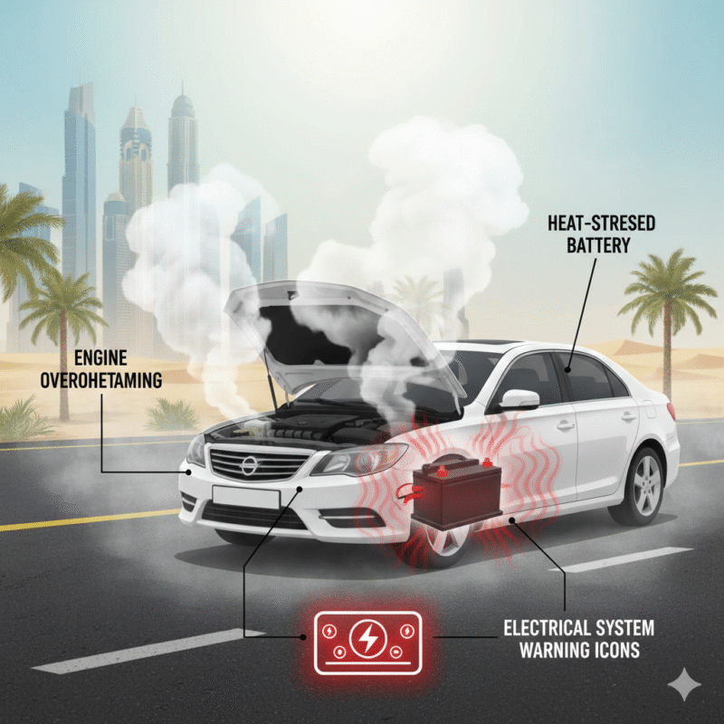 Infographic showing a car stranded under Dubai sun with battery heat, engine overheating, and electrical faults causing car not starting hot afternoon Dubai 2026
