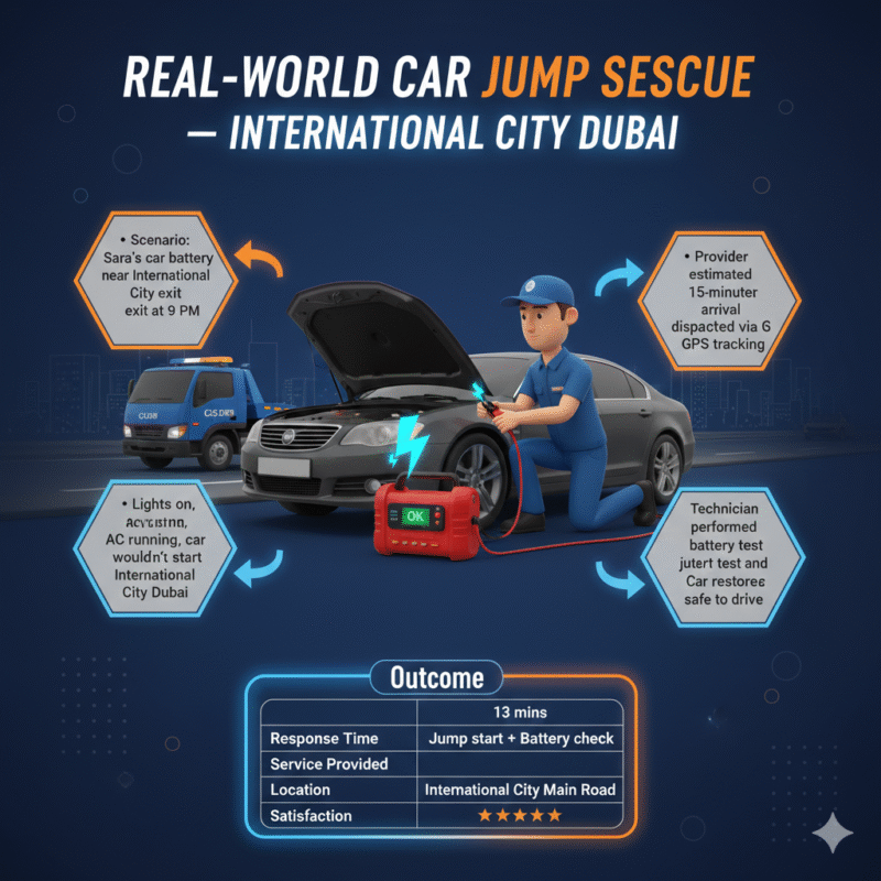 Animated infographic showing "Real-World Car Jump Start Rescue — International City Dubai" with central brand visual and key case study points and outcome displayed on sides.