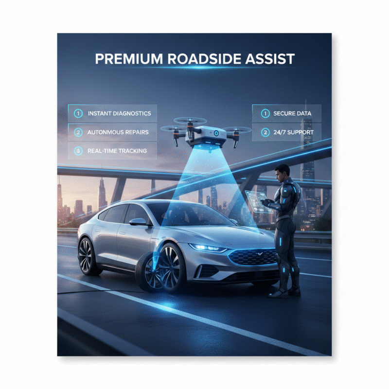 User guide feature image showing Business Bay battery dead help with key roadside assistance highlights and central automotive visual
