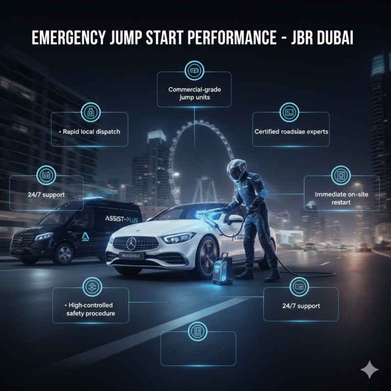 Emergency jump start performance guide showing rapid roadside assistance service in JBR Dubai