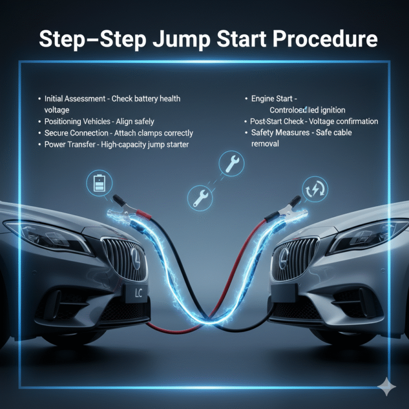 "Professional step-by-step car jump start guide image with top title, side procedure points, and central luxury car with jumper cables and glowing animated effects."