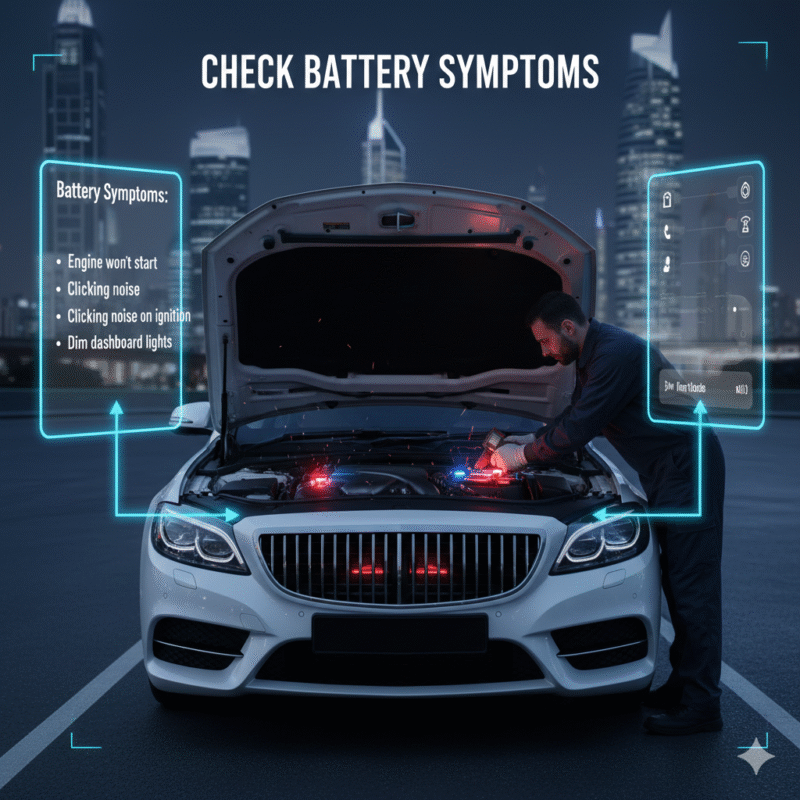 Infographic showing key battery symptoms including engine won’t start, clicking noise on ignition, and dim dashboard lights