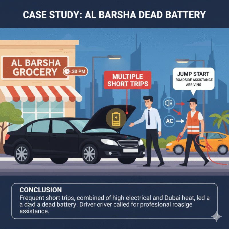Illustration of a car in Al Barsha, Dubai, with battery died after short trips, dim dashboard lights, driver checking battery, and professional roadside assistance on site