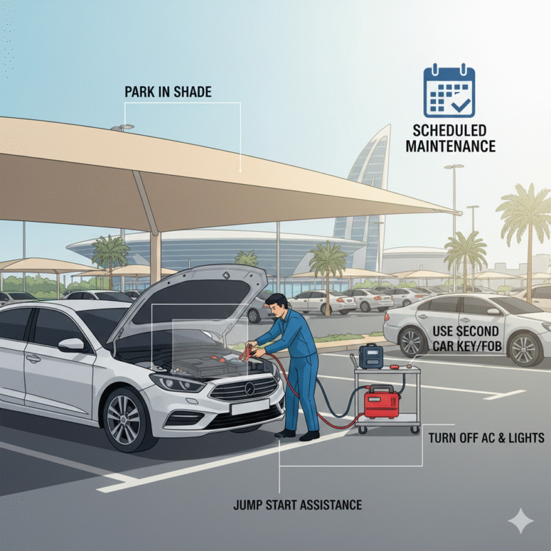 Infographic showing practical tips for preventing car start failures in Dubai airport parking, including jump starter use, battery checks, second key, turning off electronics, shaded parking, and scheduled battery maintenance.