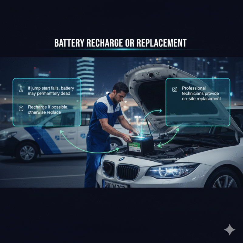 Infographic showing car battery recharge or replacement with professional roadside service and key steps highlighted