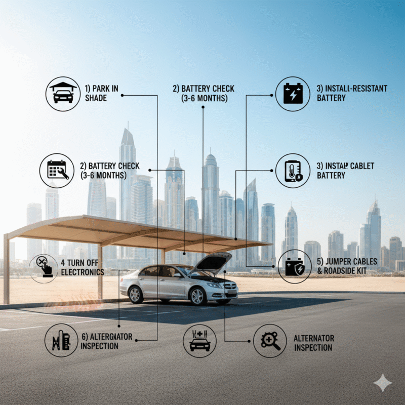 Car parked in Dubai with shaded area, battery check, heat-resistant battery, electronics off, jumper cables ready, alternator inspected icons.