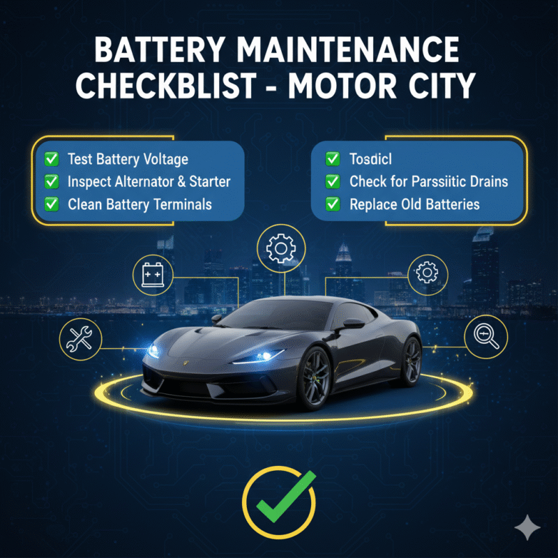 "Battery maintenance checklist for vehicles in Motor City showing bullet points on sides and a central animated car illustration with electrical and gear icons."