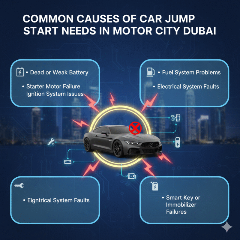 "User guide illustration showing common causes of car jump start needs in Motor City Dubai with bullet points on sides and an animated car illustration in the center."