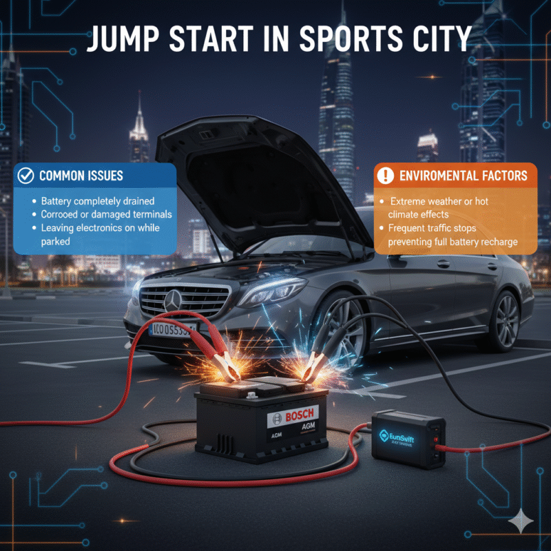 “User guide illustration showing the title at the top, key emergency jump start points on the sides, and a central animated car and battery scene with a brand logo.”