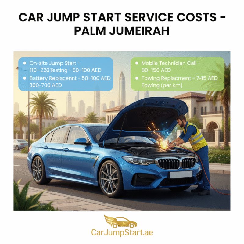 "Cost table for car jump start services in Palm Jumeirah showing on-site jump start, battery testing, replacement, mobile technician call, and towing with central technician image and brand logo."